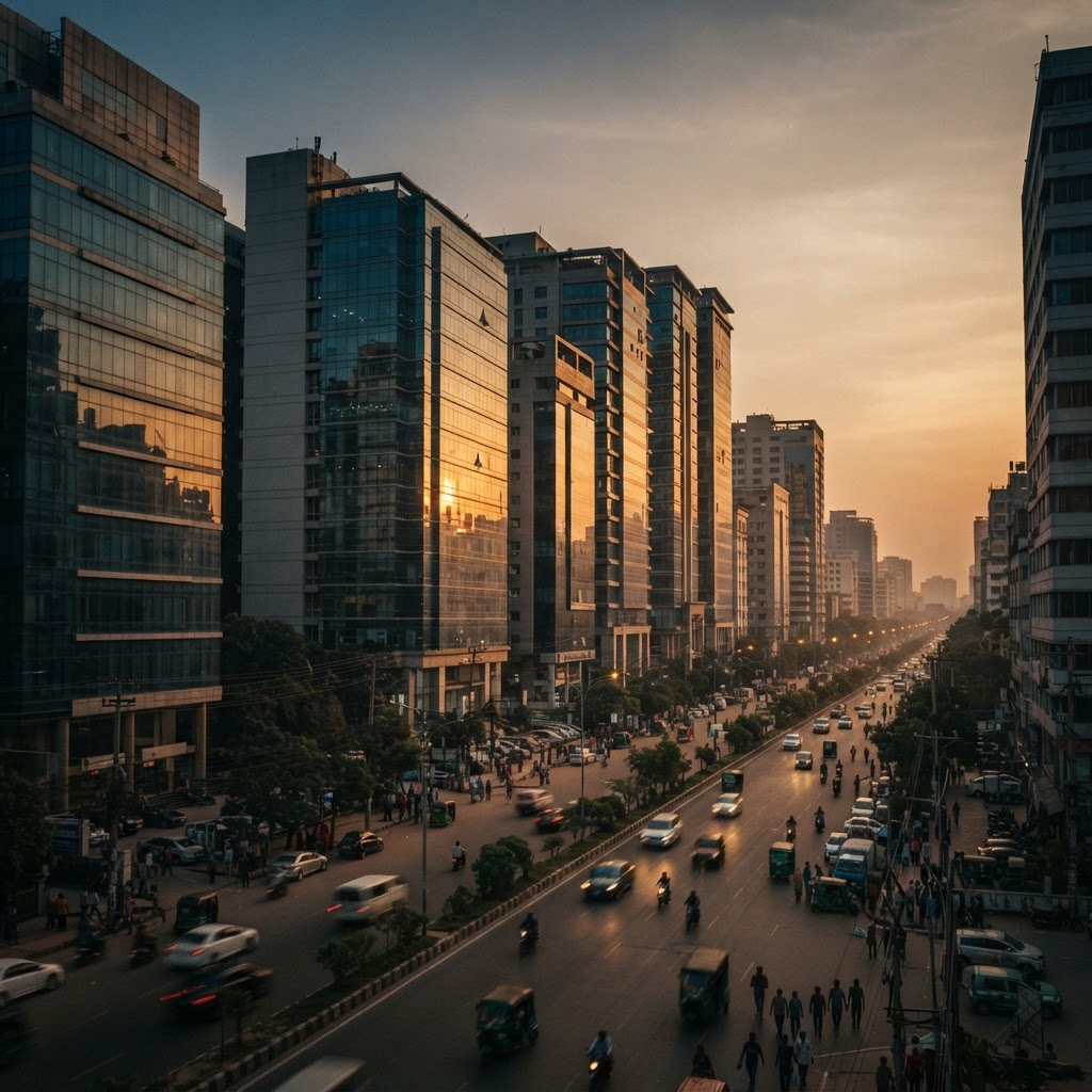 The Dhaka skyline at golden hour