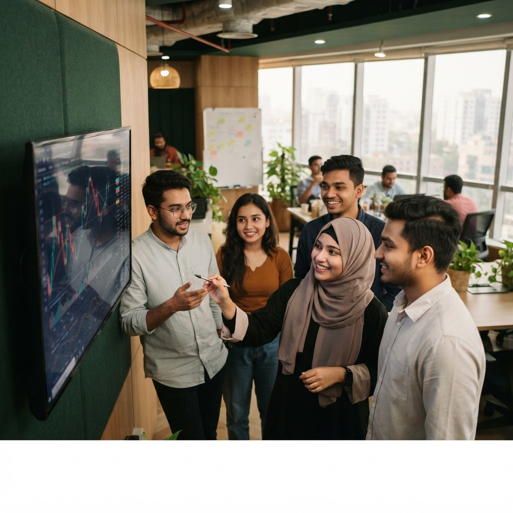 The mCapital team reviewing market data together
